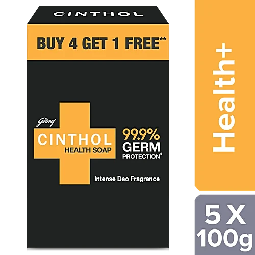 Cinthol Health+ Soap, 100g (Pack of 5) - 99.9% Germ Protection | Insta Deo Fragrance | Soaps For Bath | Grade 1 Soap | For All Skin Types