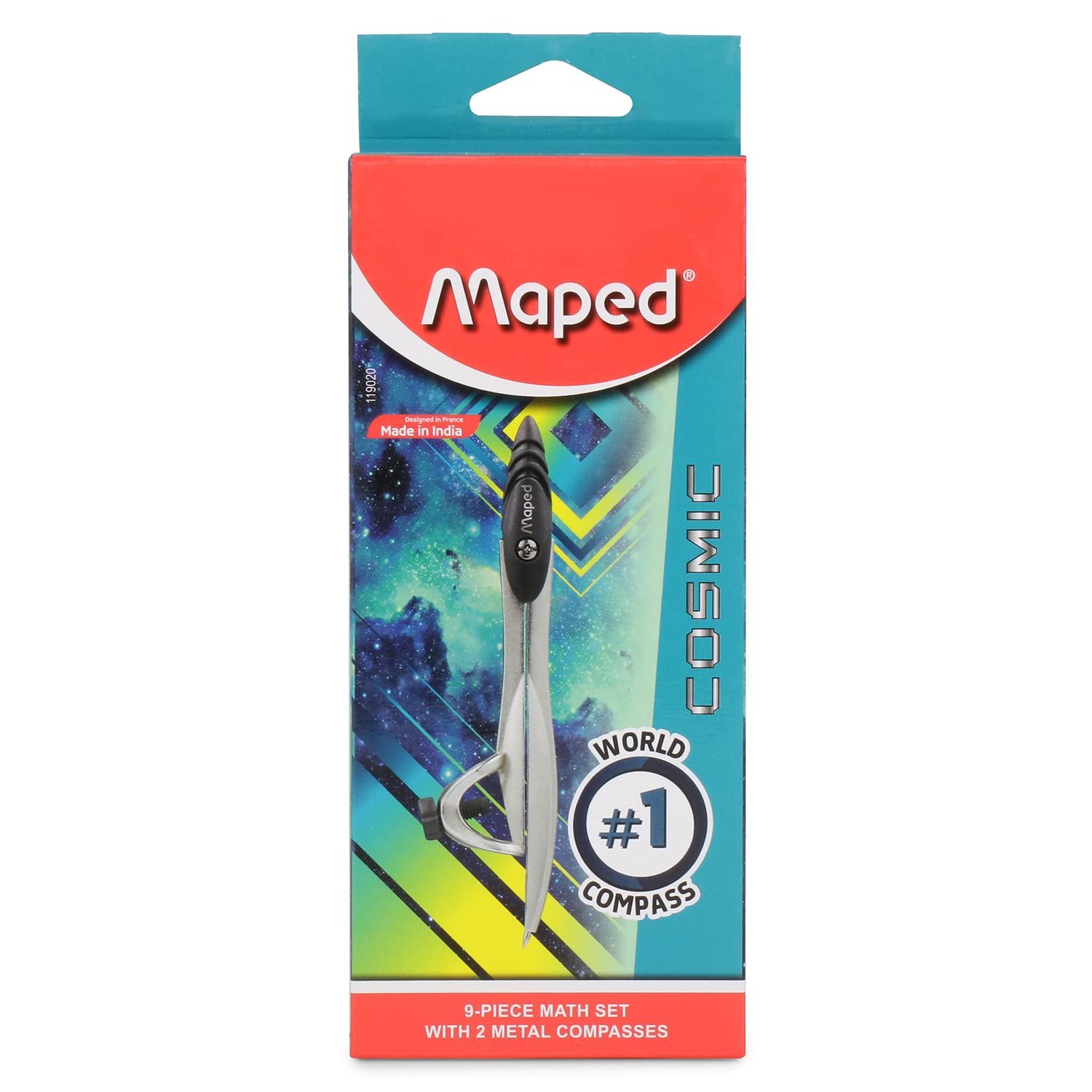 Maped Study Stop - Cosmic Geometry Box | 9 Instruments Set | Geometry Set | Die - Casted Compass | Math Set | Rounder