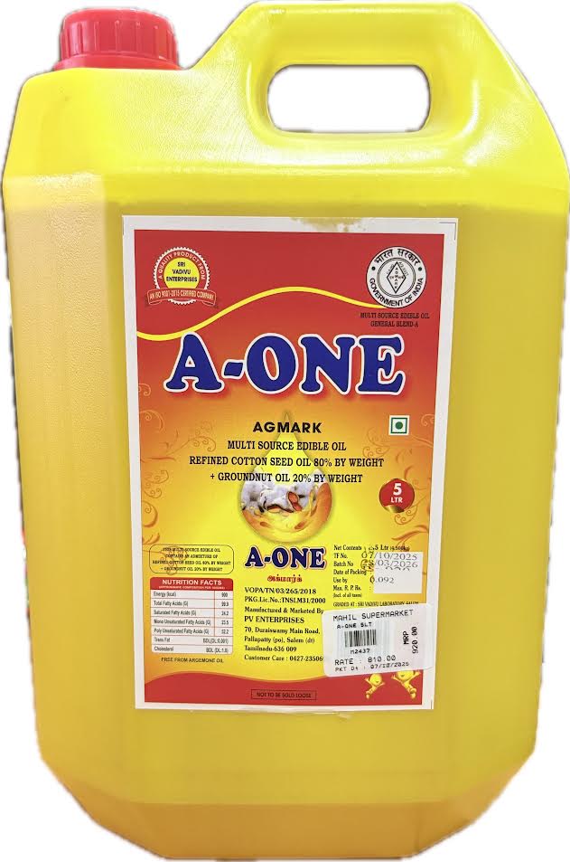 A-ONE AGMARK Multi Source Edible Oil 5L || It’s a blend of 80% Refined Cottonseed Oil and 20% Groundnut Oil.