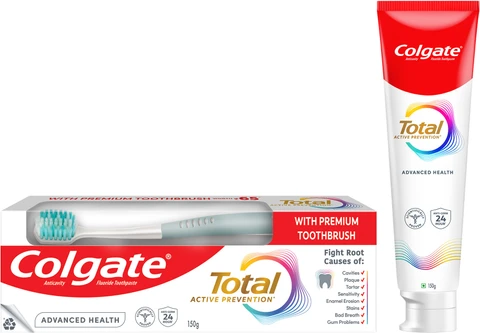 Colgate Total 150 Grams Advanced Health Antibacterial Toothpaste With 12-Hour Anti-Germ Protection, Whole Mouth Health, World'S No.1* Germ-Fighting (Combo Pack Offer, With A Premium Soft Toothbrush)