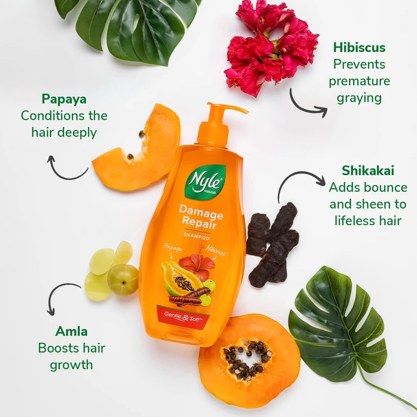 Nyle Naturals Damage Repair Shampoo, With Papaya, Hibiscus And Shikakai,gental & Soft, 180 - extra image