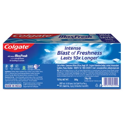 Colgate MaxFresh Breath Freshner Cavity Protection Toothpaste, 150 X 2 =300g, Peppermint Ice, Blue Gel Paste with Menthol, Cooling crystals for fresh breath - extra image